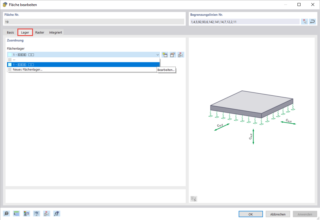 Auswahlmenü für Flächenlager in bautechnischer Software zur Modellierung von Strukturstützpunkten.