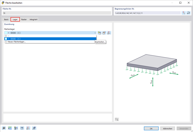 Auswahlmenü für Flächenlager in bautechnischer Software zur Modellierung von Strukturstützpunkten.