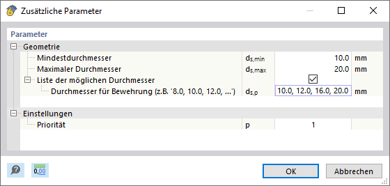 Parameter für Auslegung des Stabdurchmessers festlegen