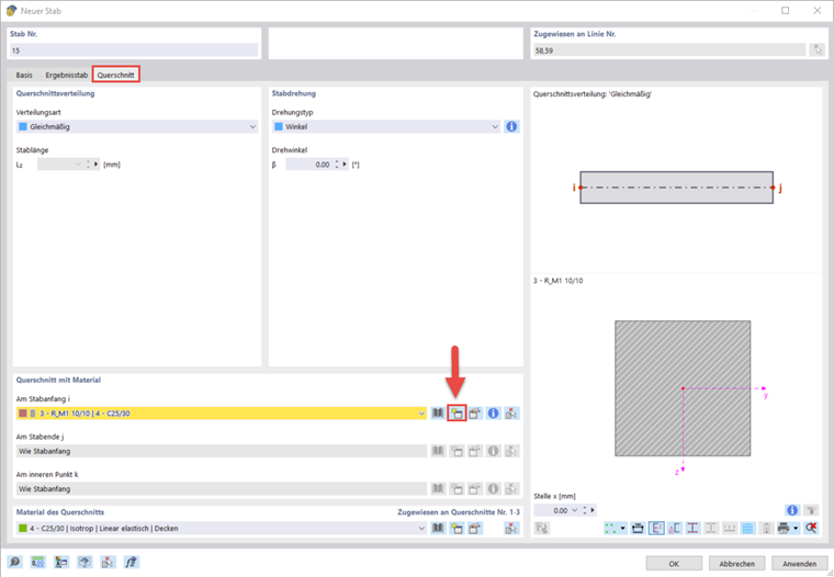 Darstellung der Querschnitteinstellungen für Ergebnisstäbe im Bauwesen.