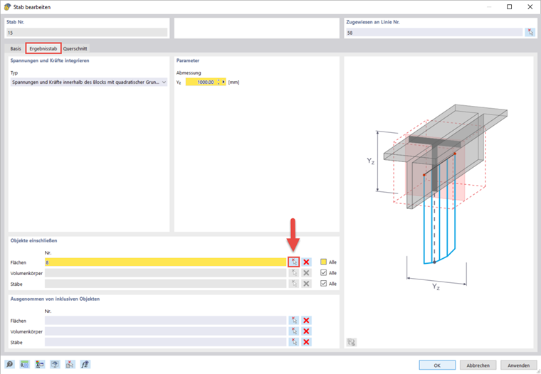 Ergebnisstab zur Einstellung von Flächenparametern in einer Analyse-Software. Verdeutlicht die Definition von spezifischen Flächen in einem digitalen Modell zur Untersuchung struktureller Eigenschaften.