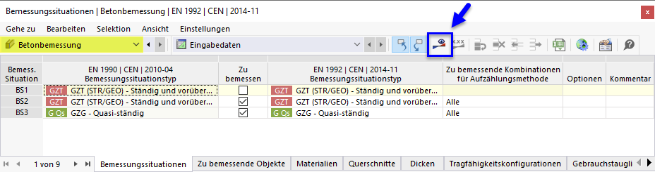 Betonbemessung mit Schaltfläche in Tabelle starten