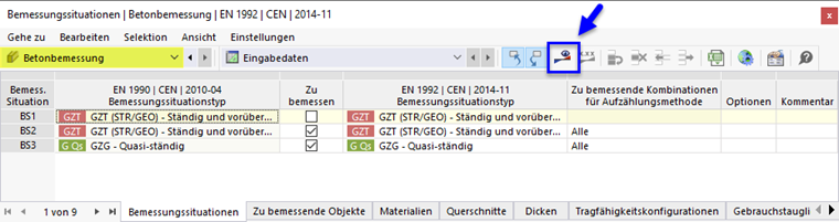 Betonbemessung mit Schaltfläche in Tabelle starten