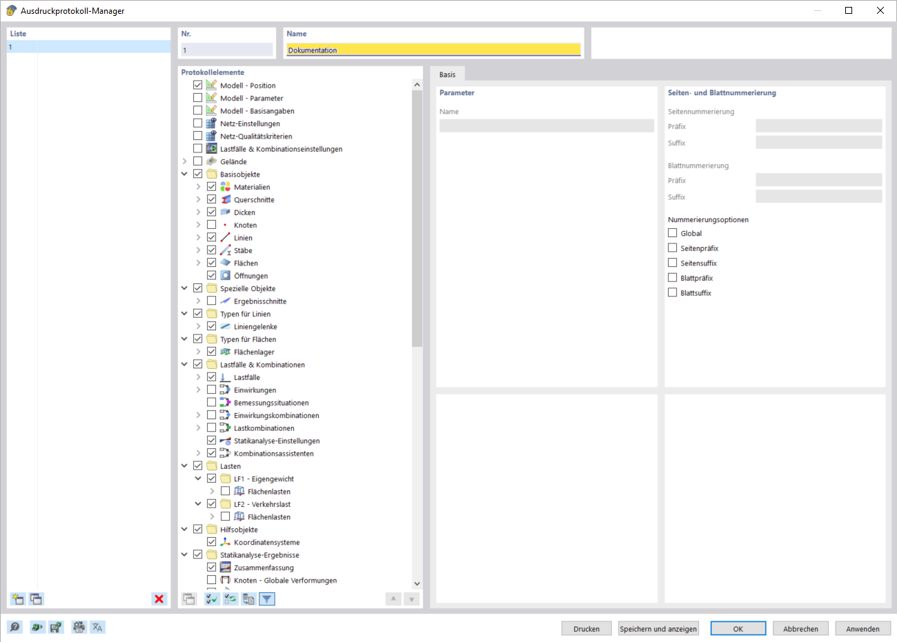 Der Ausdruckprotokoll-Manager zeigt eine geordnete Liste von Dokumenteneinträgen an.