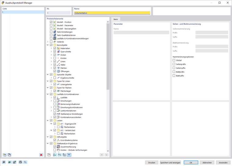 Der Ausdruckprotokoll-Manager zeigt eine geordnete Liste von Dokumenteneinträgen an.