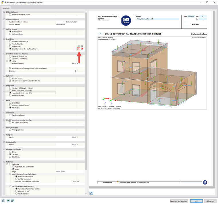 Darstellung zur Definition eines Druckbereichs in einer grafischen Ansicht eines Strukturmodells.