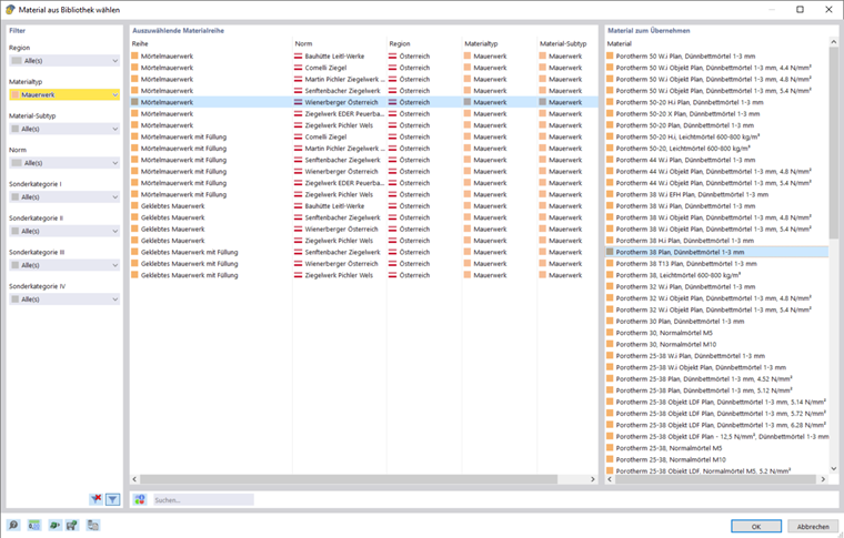 Material für die Außenwände in der Materialbibliothek wählen
