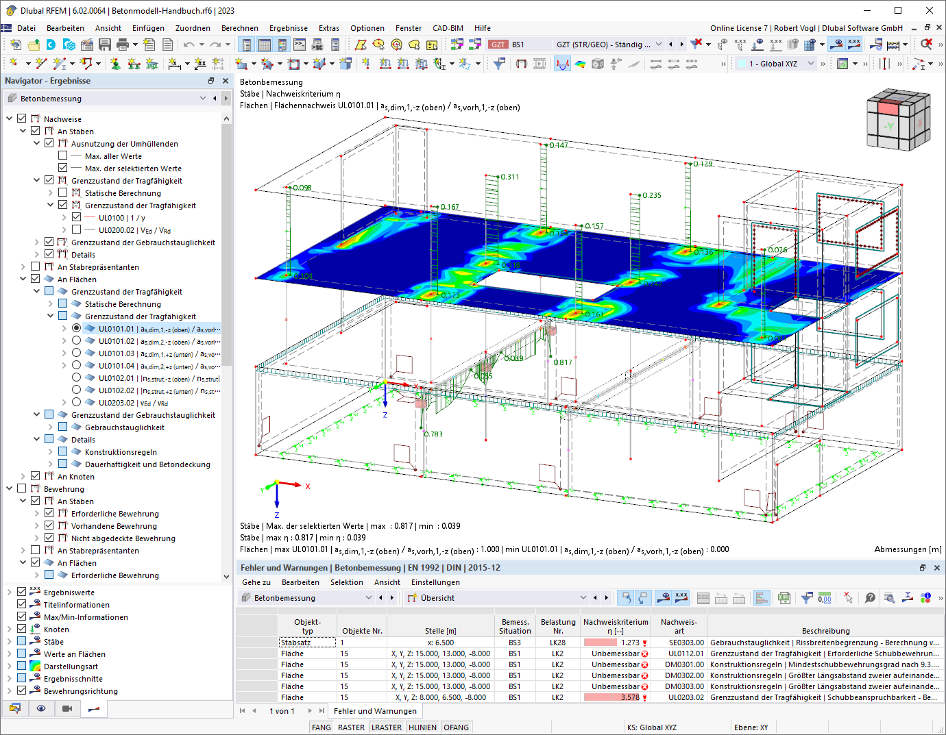 Ergebnisse der Betonbemessung in Tabellen und Grafik