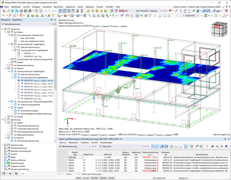 Ergebnisse der Betonbemessung in Tabellen und Grafik