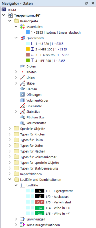 Strukturanalyse eines Treppenturms mit detaillierten Modelldaten.