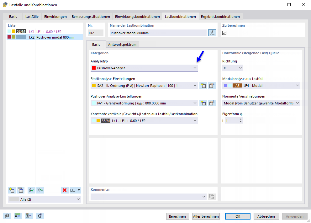 Pushover-Analyse-Lastkombination
