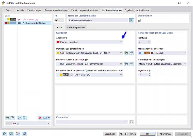 Pushover-Analyse-Lastkombination