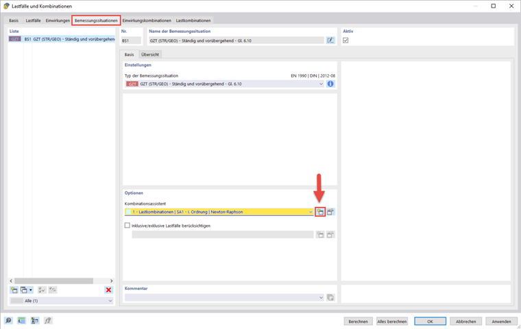 Benutzeroberfläche des Kombinationsassistenten zeigt Einstellungen und Optionen zur Lastkombination.