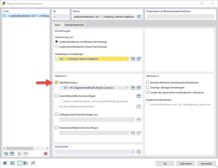 Der Kombinationsassistent zeigt die Aktivierung der Stabilitätsanalyseoption in der Benutzeroberfläche einer Software. Keine weitere Erklärung oder Verallgemeinerungen.