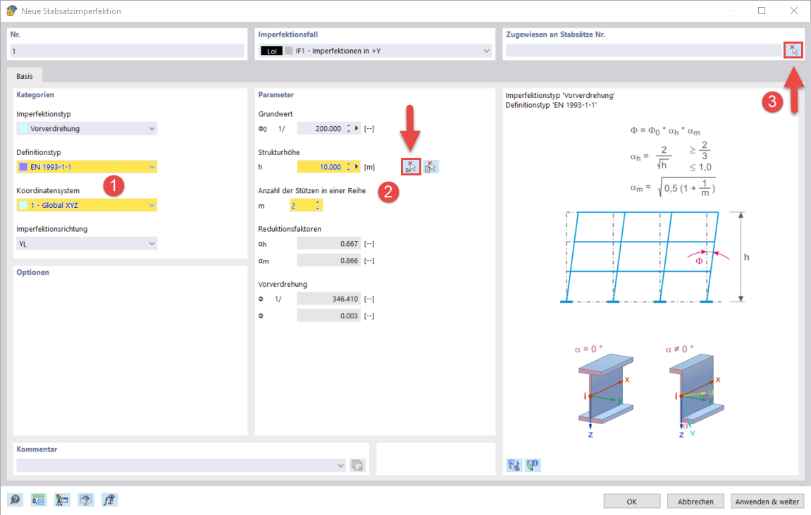 Visualisierung der Stabsatzimperfektion in einer Anwendung zur strukturellen Analyse.