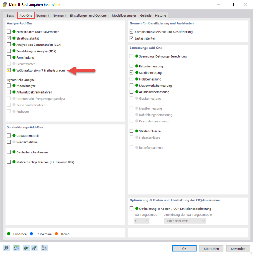 Add-On Wölbkrafttorsion (7 Freiheitsgrade) aktivieren