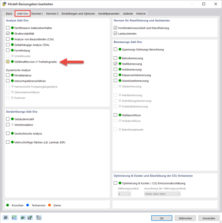 Add-On Wölbkrafttorsion (7 Freiheitsgrade) aktivieren