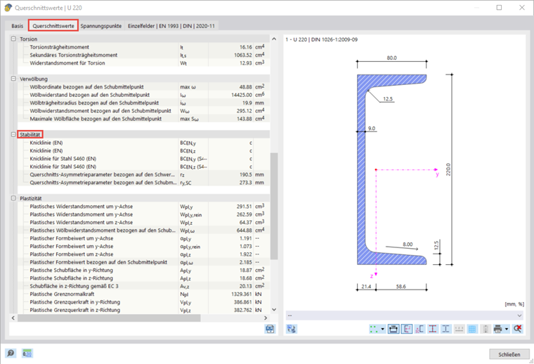 Berechnung der Knicklinie eines Querschnitts mit technischen Details und Formelansicht