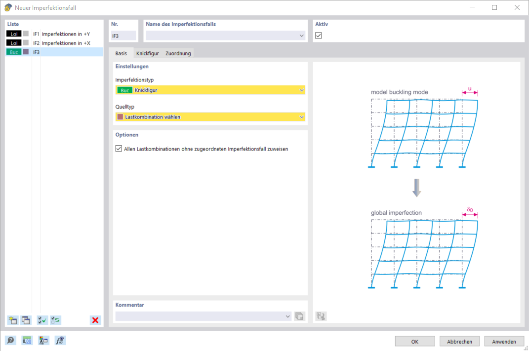 Analyse eines Imperfektionstyps als Knickfigur eines Tragwerks zur Ermittlung von Stabilitätsproblemen.