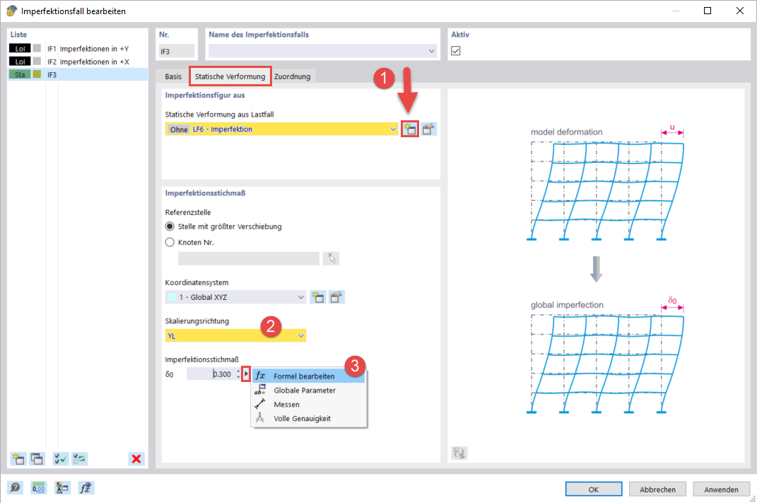 Diagramm zur statischen Verformung mit relevanten Berechnungsvorgaben und strukturellen Details. Ohne spezifische Applikationsverweise.