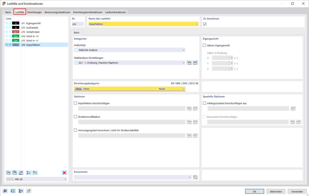 Diagramm eines Lastfalls ohne zugeordnete Einwirkungskategorie mit definierter Geometrie