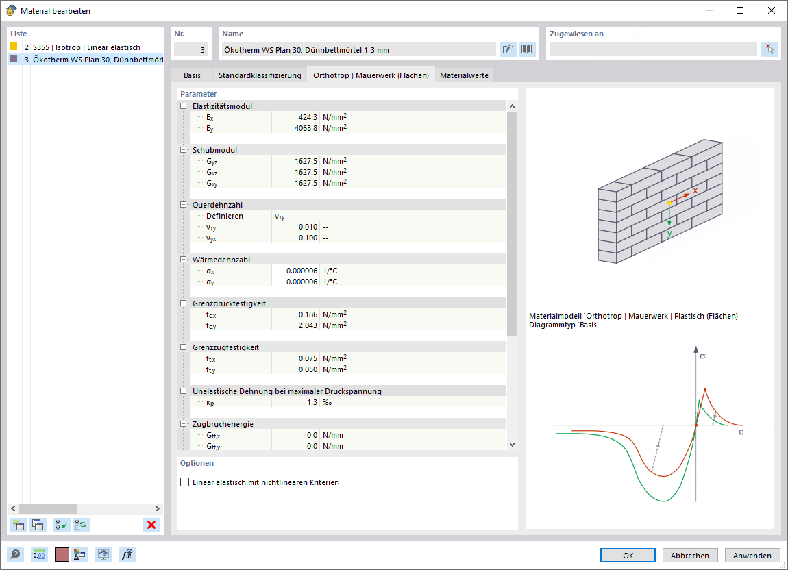 Orthotropes Mauerwerk mit plastischen Eigenschaften