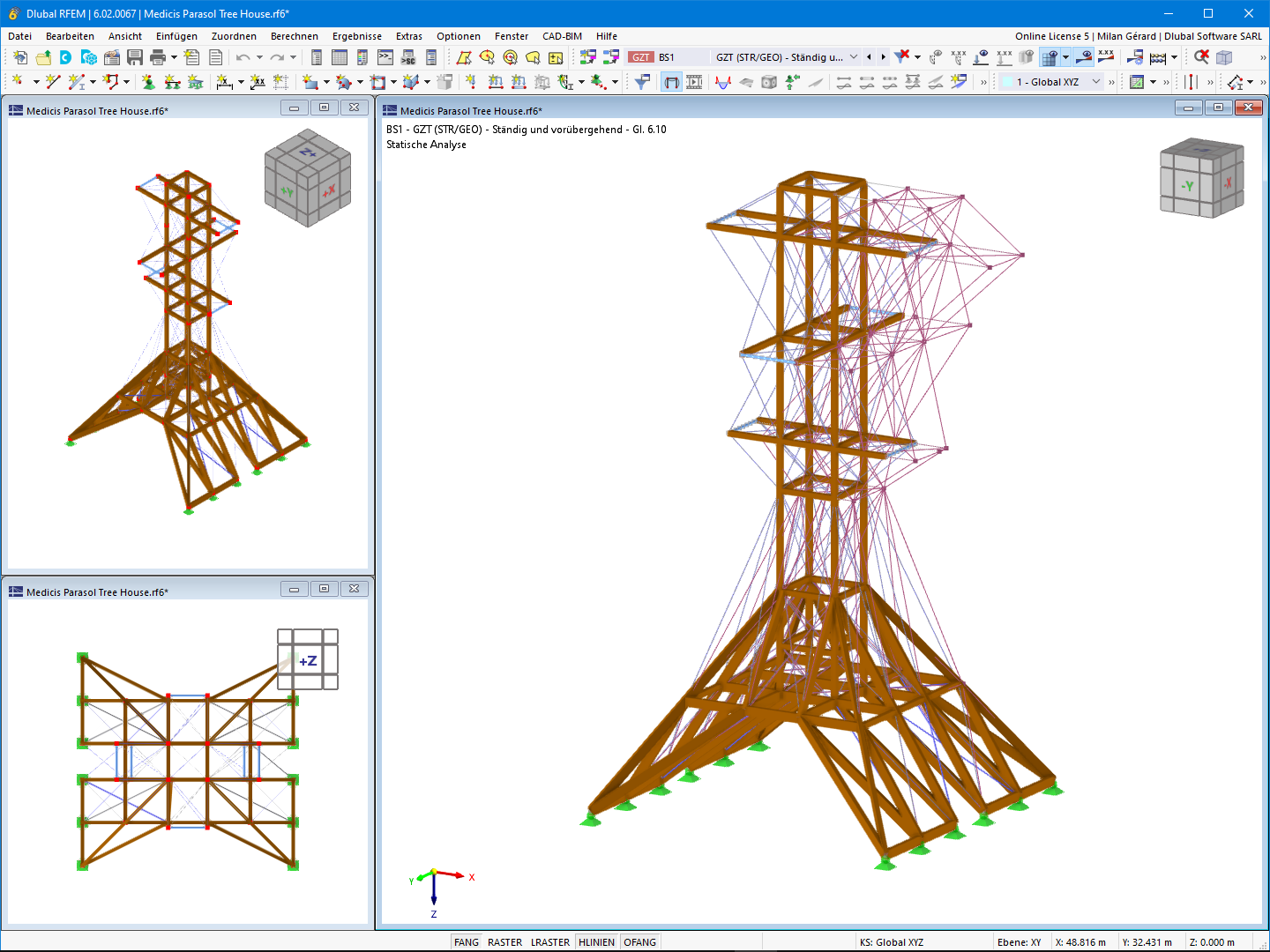 In RFEM modellierte Holzkonstruktion mit Anzeige der Verformungen