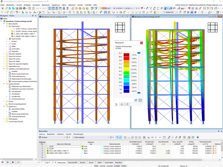 Modell und Verformungsbild des Turms in RFEM
