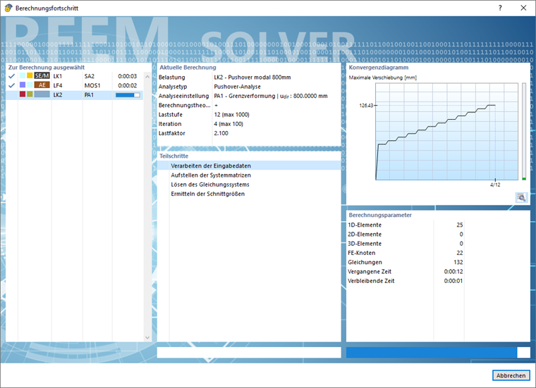 Berechnungsfortschritt bei Pushover-Analyse