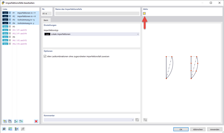 Imperfektionsfall wird im Modellierungsprozess eines Bauprojekts deaktiviert, um die Stabilitätsanalyse zu steuern.