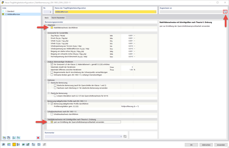 Darstellung der Konfigurationseinstellungen für den Querschnittsnachweis in einem Tragwerksmodell
