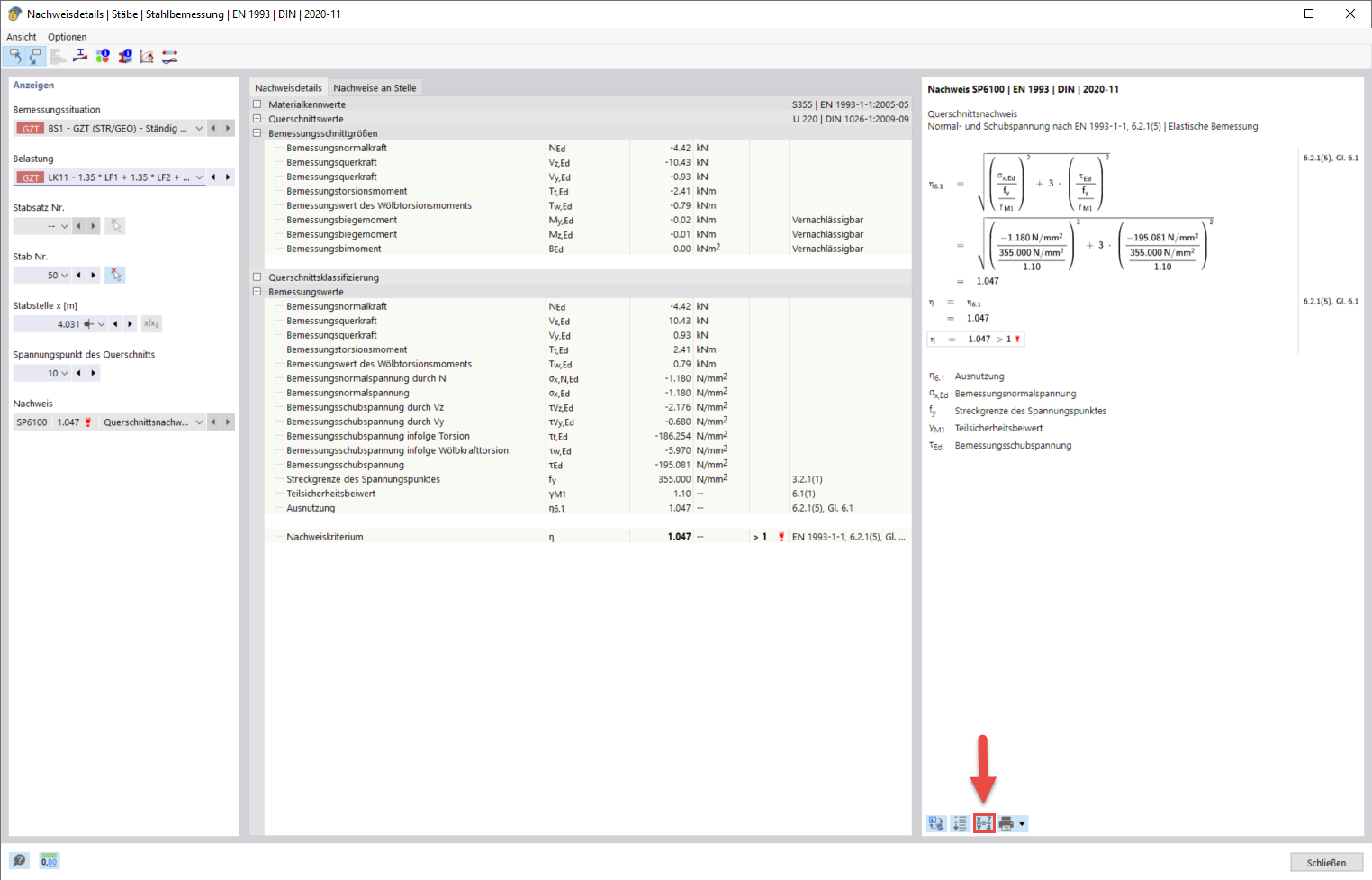 Angezeigte Nachweisdetails und Berechnungsergebnisse bieten Einblick in spezifische Strukturanalysen.