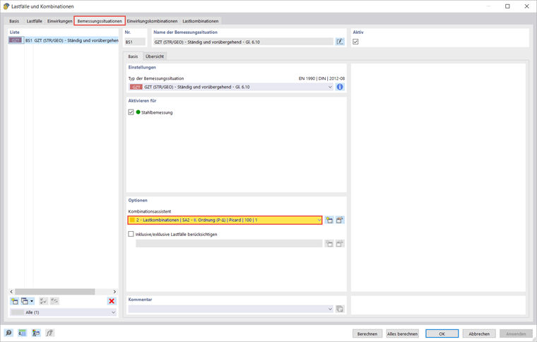 Eine Benutzeroberfläche zeigt den Kombinationsassistenten zur Auswahl von Normen oder Ansätzen an.