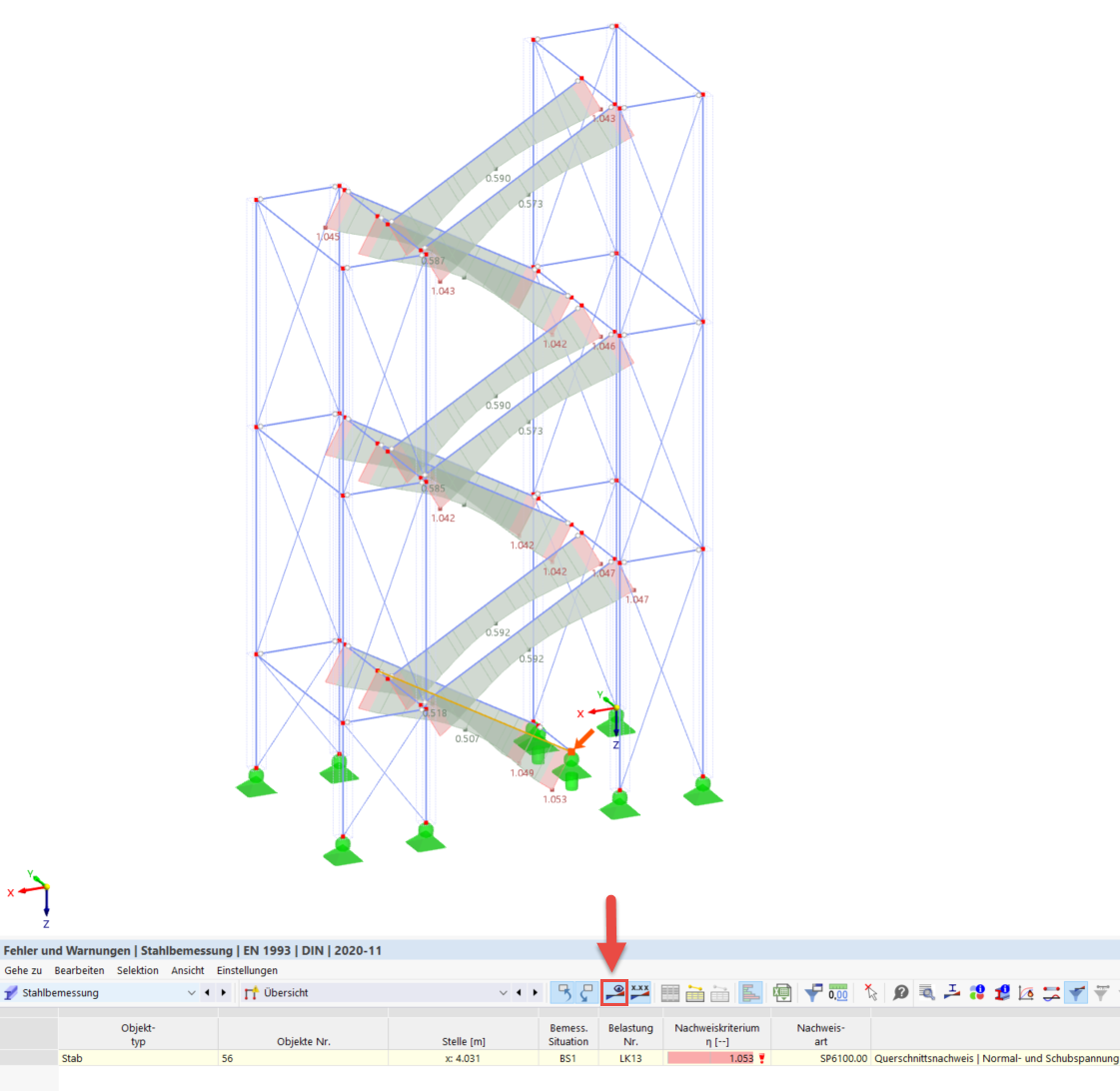 Darstellung der Berechnungsergebnisse für Querschnitte in einer technischen Analyse.