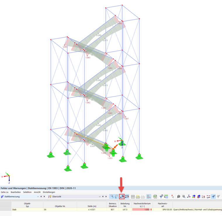 Darstellung der Berechnungsergebnisse für Querschnitte in einer technischen Analyse.