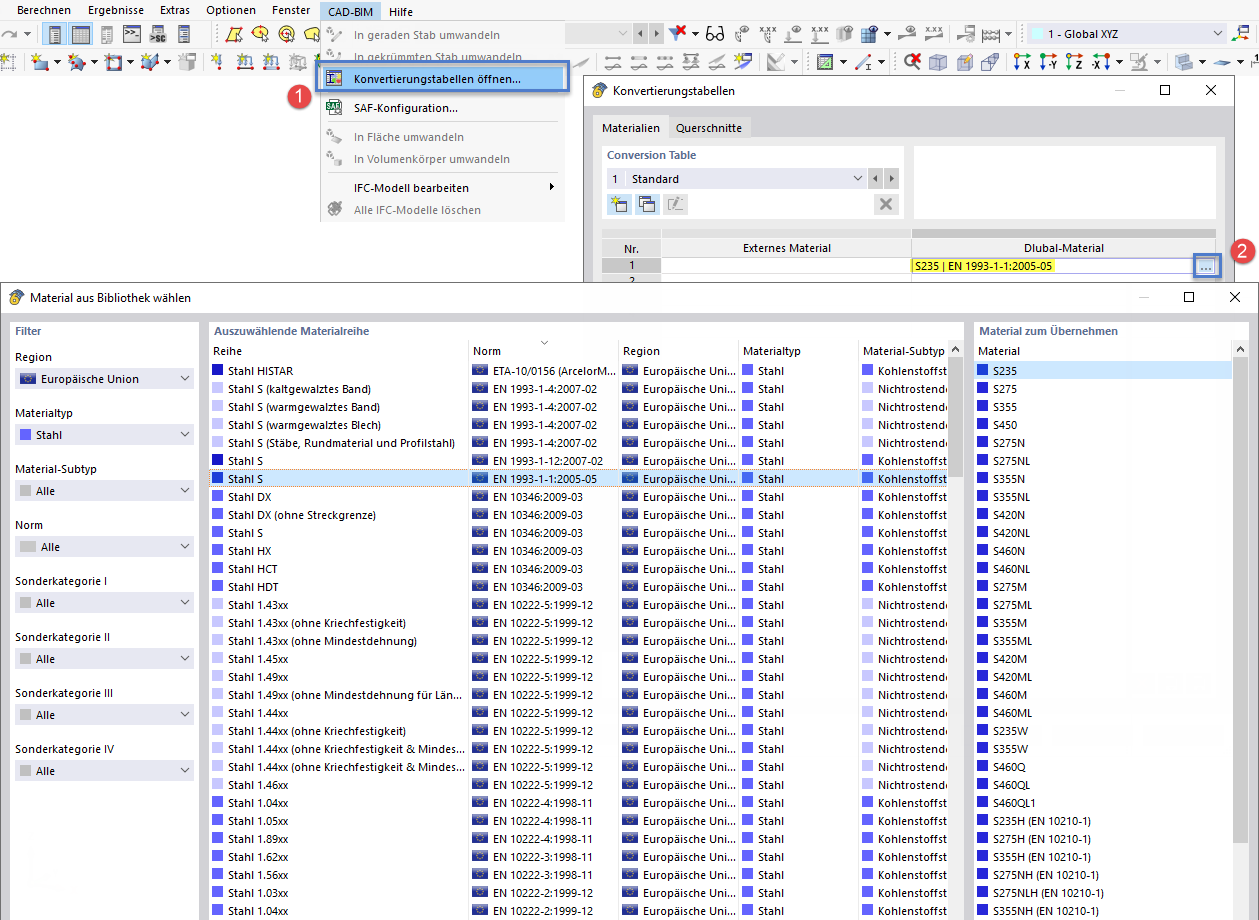 Konvertierungstabellen mit vollständigen Material- oder Querschnittsnamen in RFEM öffnen