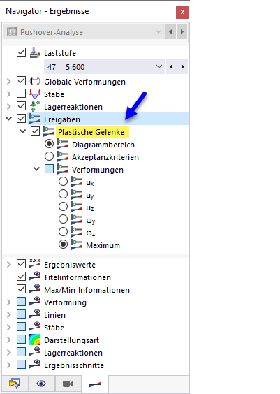 Plastische Gelenke in Navigator-Kategorie 'Freigaben' aktivieren