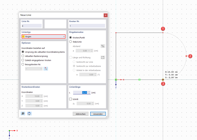 Illustration der Konstruktion einer Bogenlinie innerhalb eines Bauprojekts mit spezifischen Parametern zur Formbestimmung.