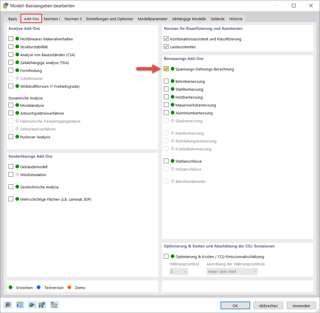Add-On zur Spannungs- und Dehnungsberechnung in Bauwerksmodellen aktivieren.