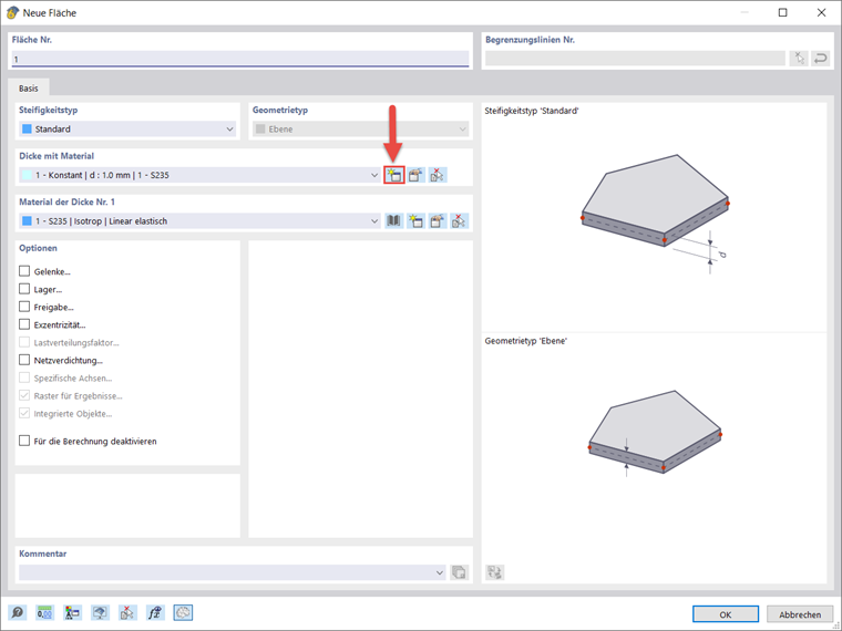 Einstellungsfenster zur Erstellung neuer Flächen in einer CAD-Software mit Werkzeugen zur Parameteranpassung.