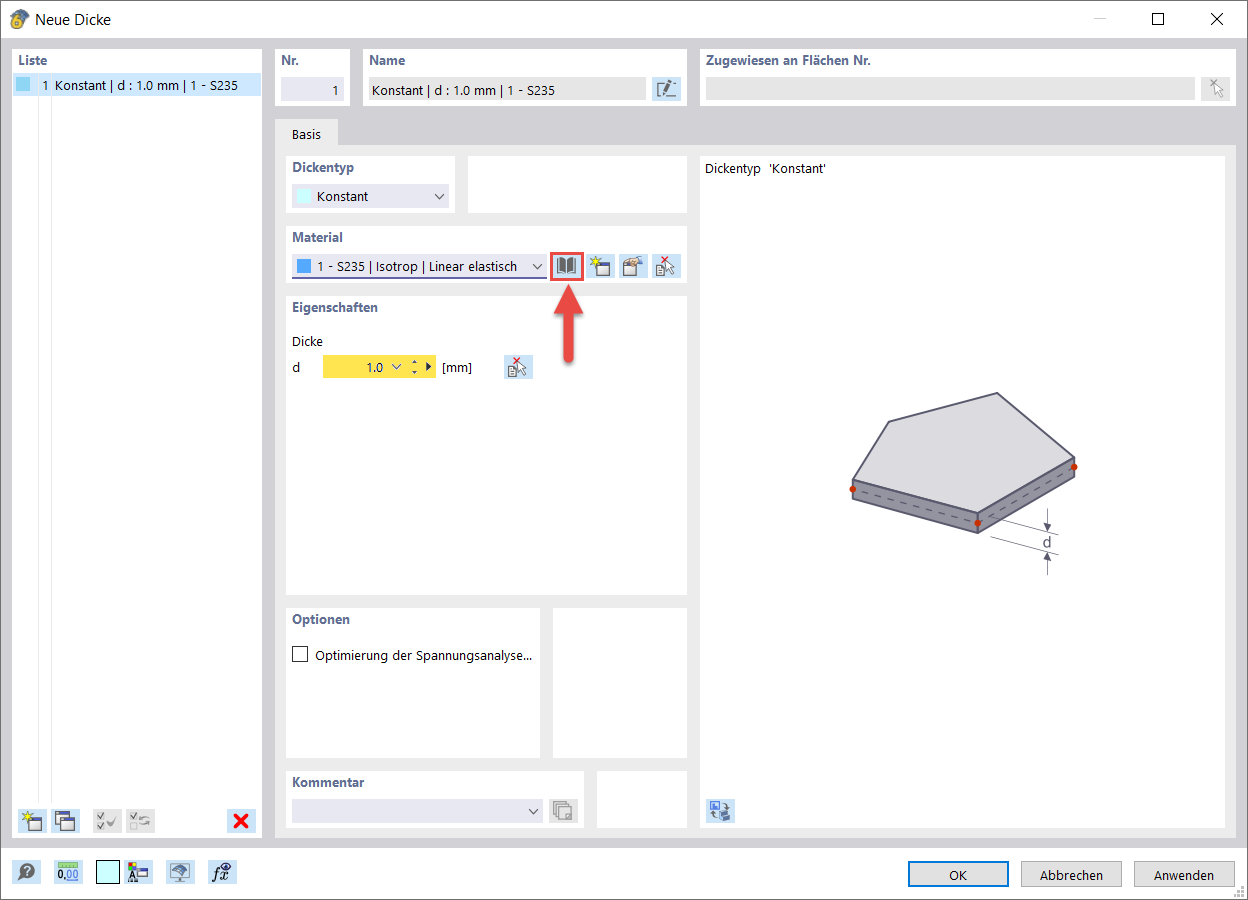Benutzeroberfläche zur Eingabe einer neuen Materialdicke in einer Bausoftware mit Parametern.