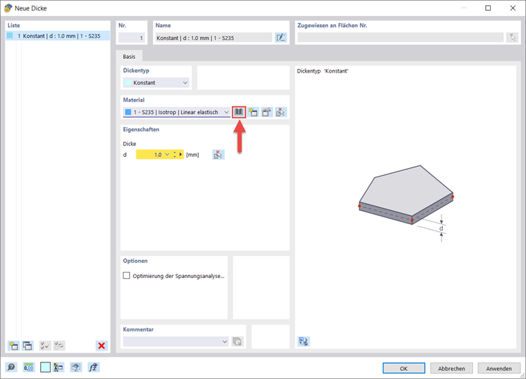 Benutzeroberfläche zur Eingabe einer neuen Materialdicke in einer Bausoftware mit Parametern.