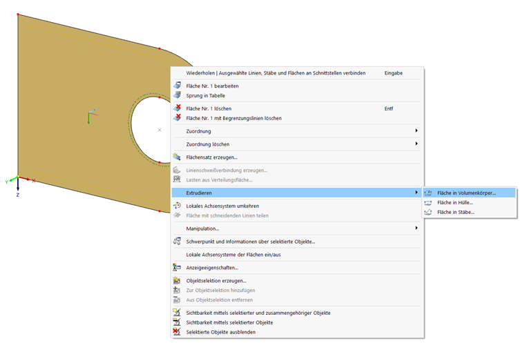Darstellung der Extrusion einer Fläche zu einem Volumenkörper in Konstruktionssoftware