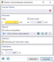 Dialog zur Extrusion von Flächen in einen Volumenkörper mit verschiedenen Optionen und Einstellungen.