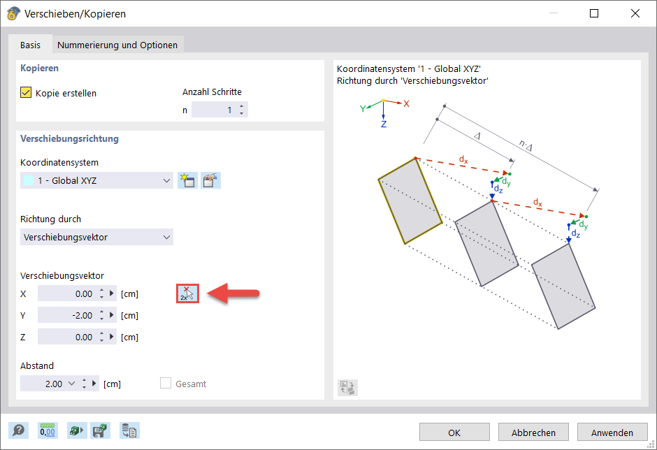 Visualisierung eines Kopiervorgangs der Randfläche innerhalb eines Kontaktvolumens in einer Bauanwendung.