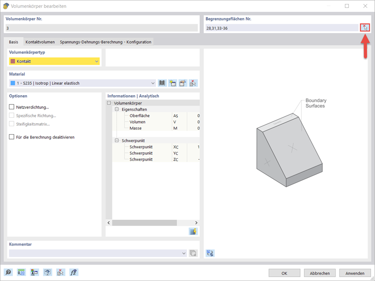 Darstellung von Kontaktverhältnissen in Volumenkörpern innerhalb einer FEM-Analyse mit speziellen Oberflächeninteraktionen.