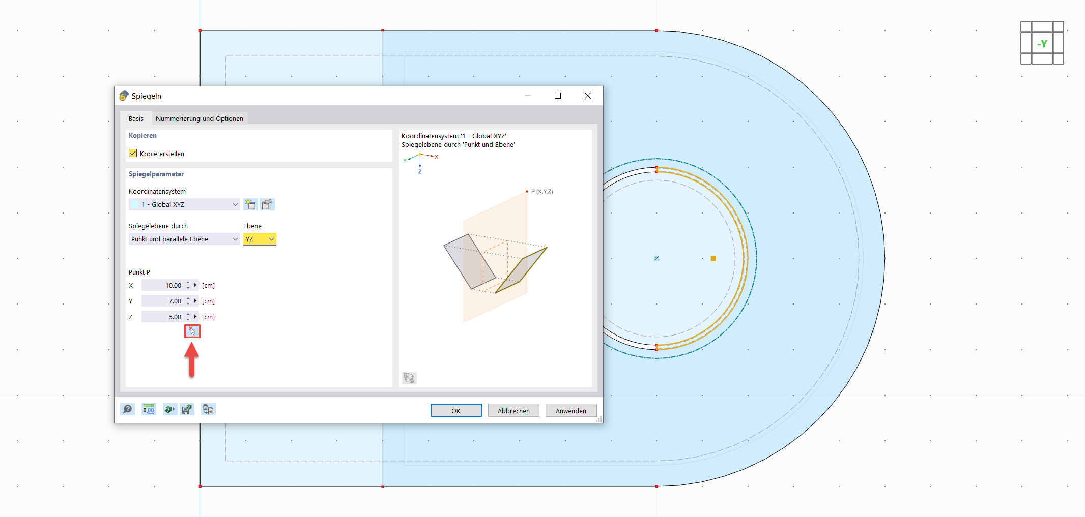 Darstellung eines gespiegelten Kontaktvolumens in einer CAD-Software für technische Anwendungen.