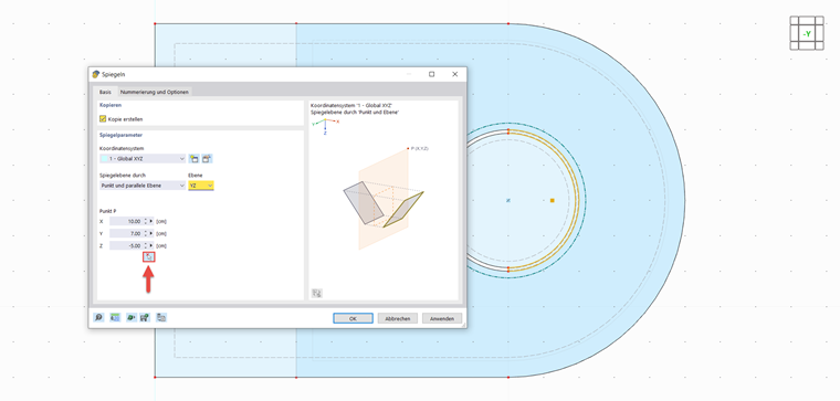 Darstellung eines gespiegelten Kontaktvolumens in einer CAD-Software für technische Anwendungen.