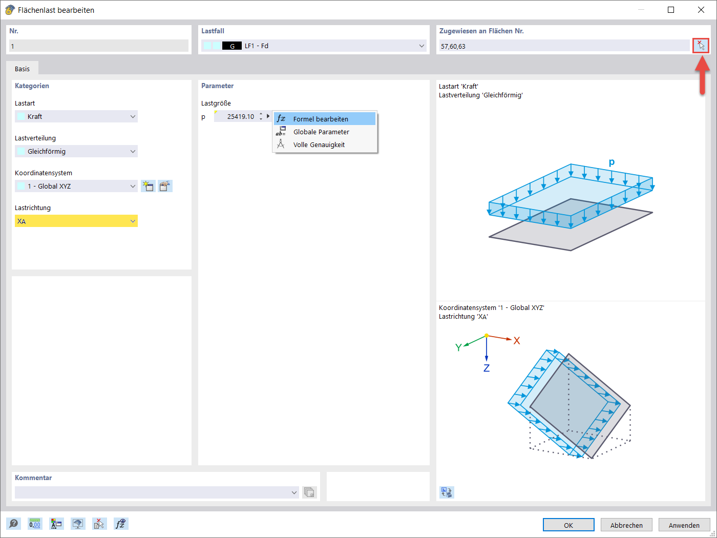 Dialog zur Erstellung einer neuen Flächenlast für ein Bauprojekt, detaillierte Eingabefelder.