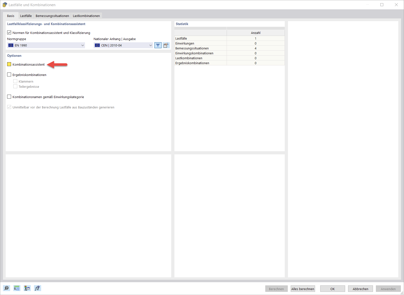 Interface-Ansicht zur Deaktivierung des Kombinationsassistenten in der Software. Menüoptionen werden angezeigt.